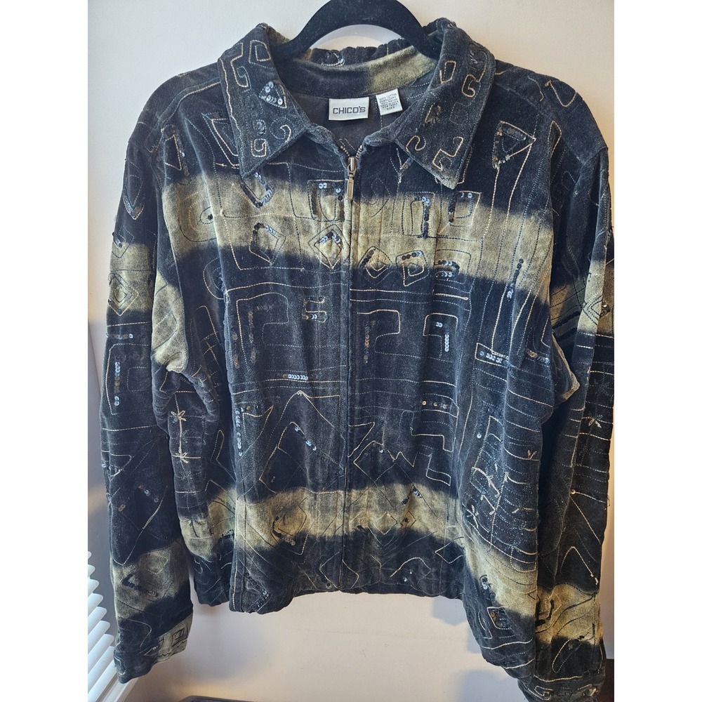 Chico's Retro Acid Wash Embroidered Sequin Full Zip Jacket Size 3 (XL)‎ Full Zip
